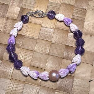 Lavender Edison Pearl Bracelet Amethyst & Pikake Flower Bead Sterling Silver